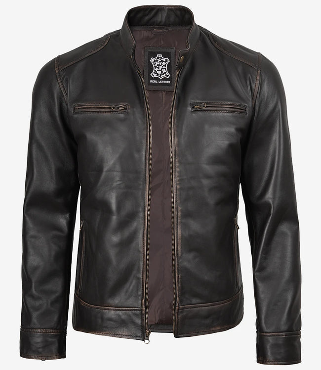 Men's Distressed Brown Biker Style Leather Jacket