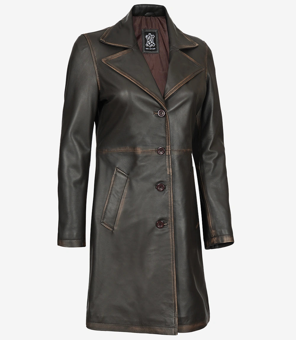Brauner 3/4-Ledermantel im Used-Look für Damen