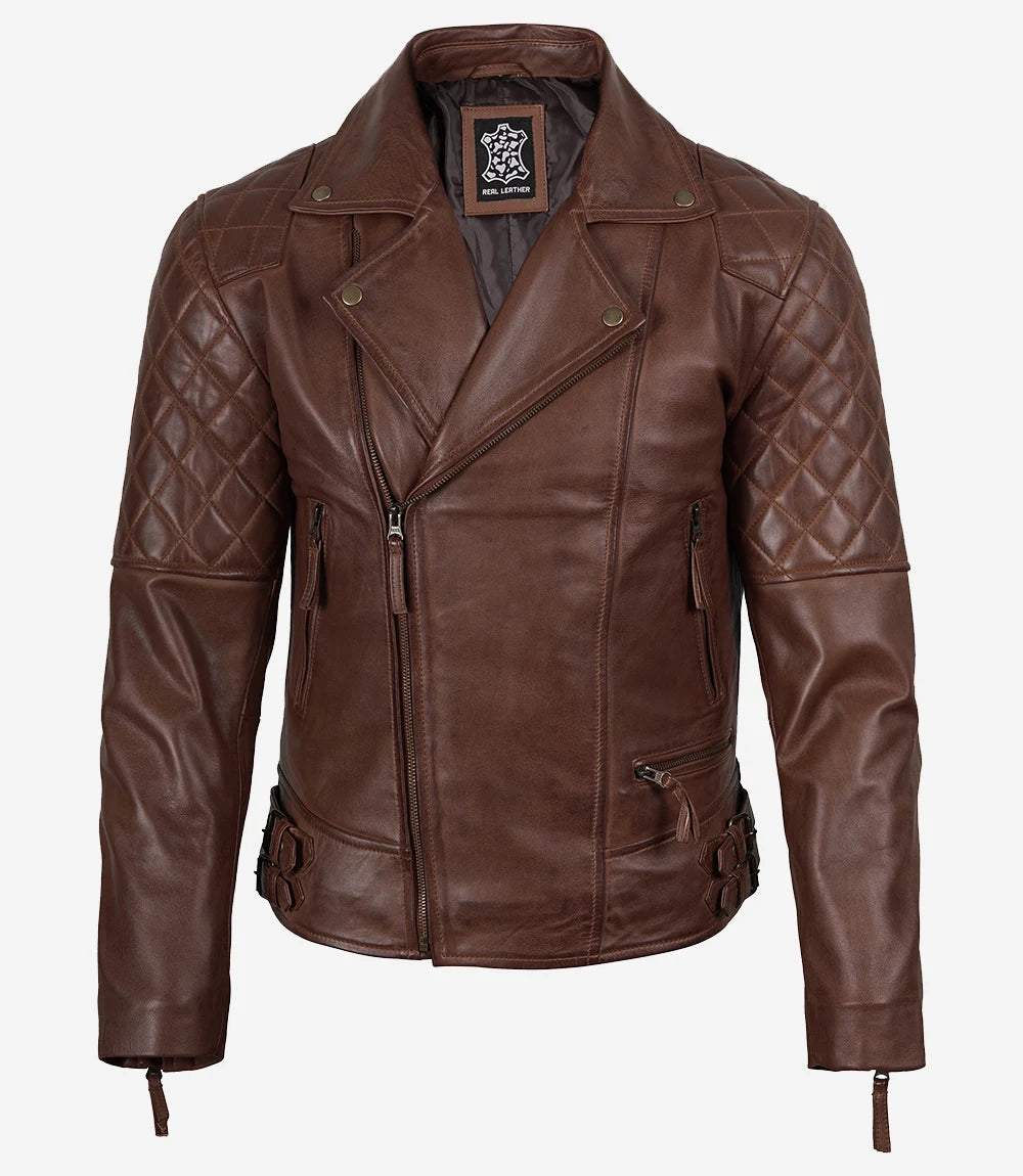 Asymmetrische Cognac-Lederjacke im Biker-Stil für Herren