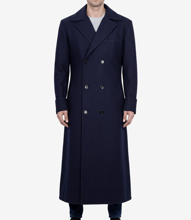 Men's Dark Blue Double-Breasted Wool Coat