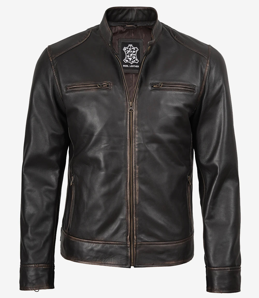 Braune Lederjacke im Used-Look für Herren im Biker-Stil
