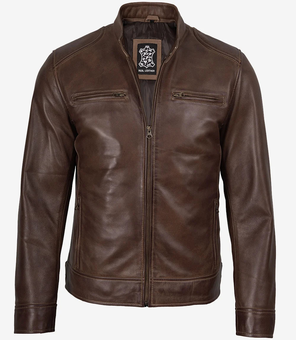 Dodge Herren-Lederjacke im Biker-Stil, gewachst, schokoladenbraun