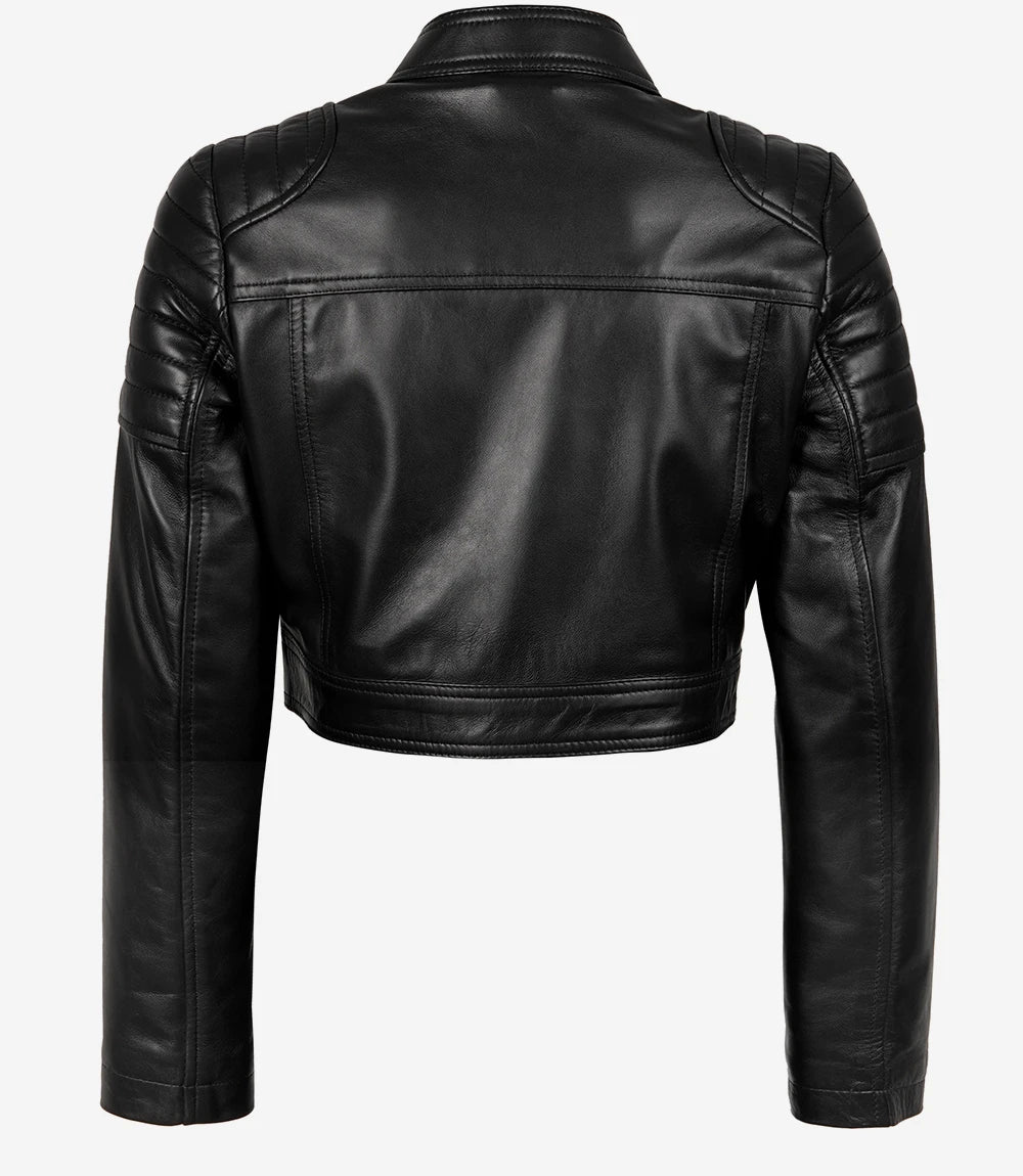 Womens Black Biker Cropped Leather Jacket