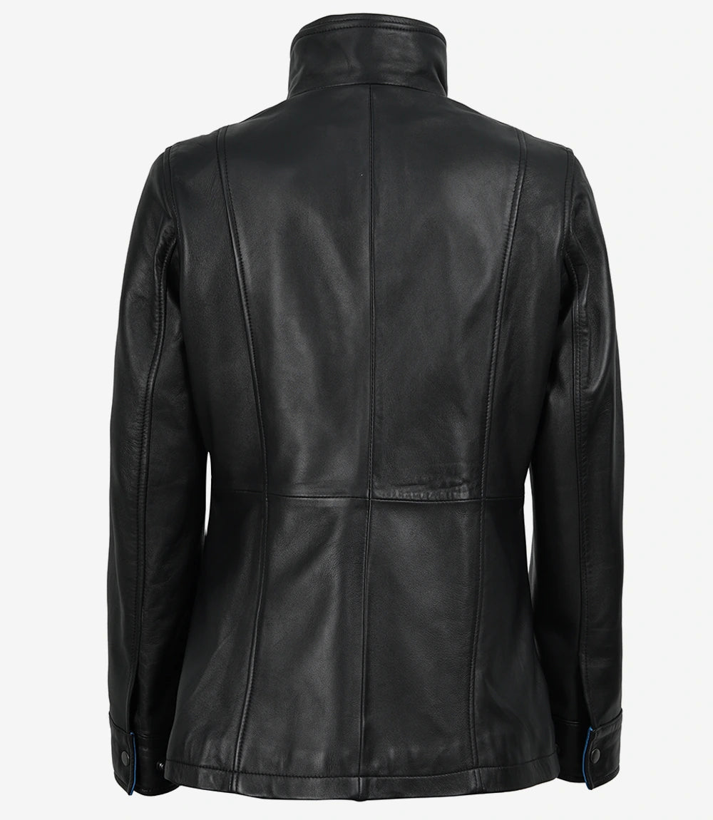 Erin Women's High-Collar Black Leather Jacket With Blue Waxed Details