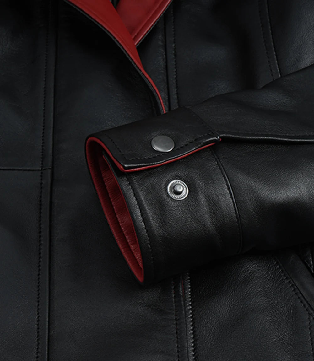 Erin Women's High-Collar Black Leather Jacket With Red Details