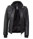 Womens Petite Black Hooded Bomber Leather Jacket