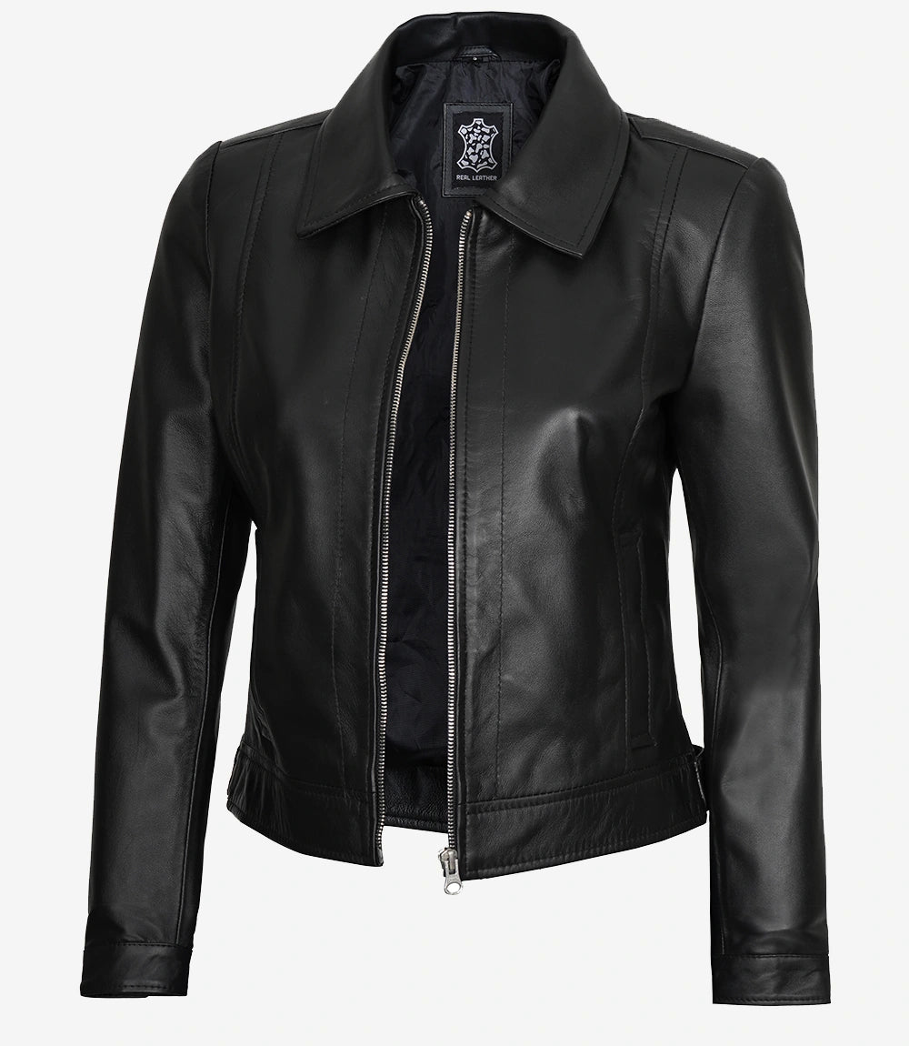 Womens Shirt Collar Black Leather Jacket