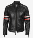 Schwarze Herrenjacke aus Lammleder im Biker-Stil – weiß und rot gestreift