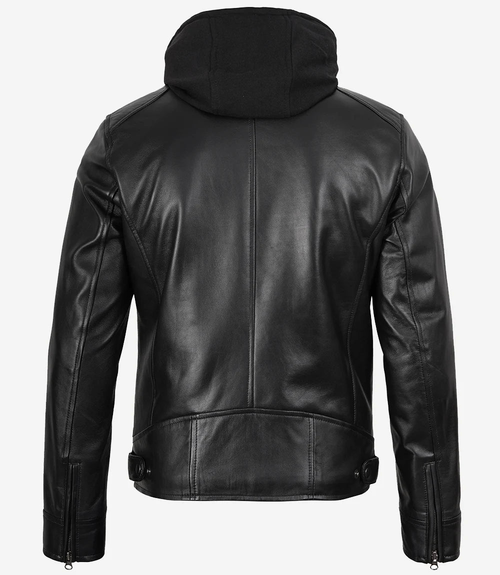 Schwarze Herren-Lederjacke mit abnehmbarer Kapuze