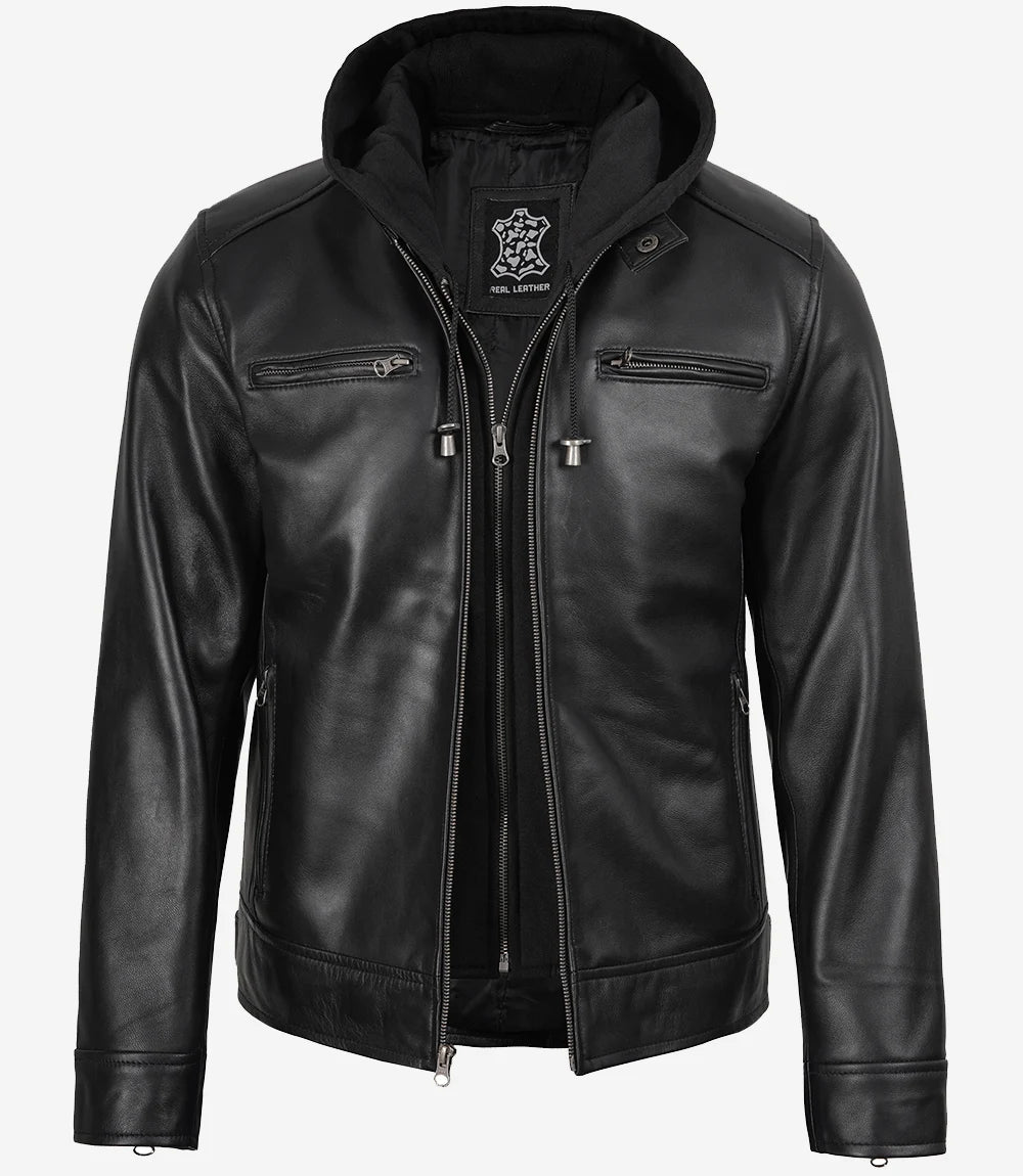 Schwarze Herren-Lederjacke mit abnehmbarer Kapuze