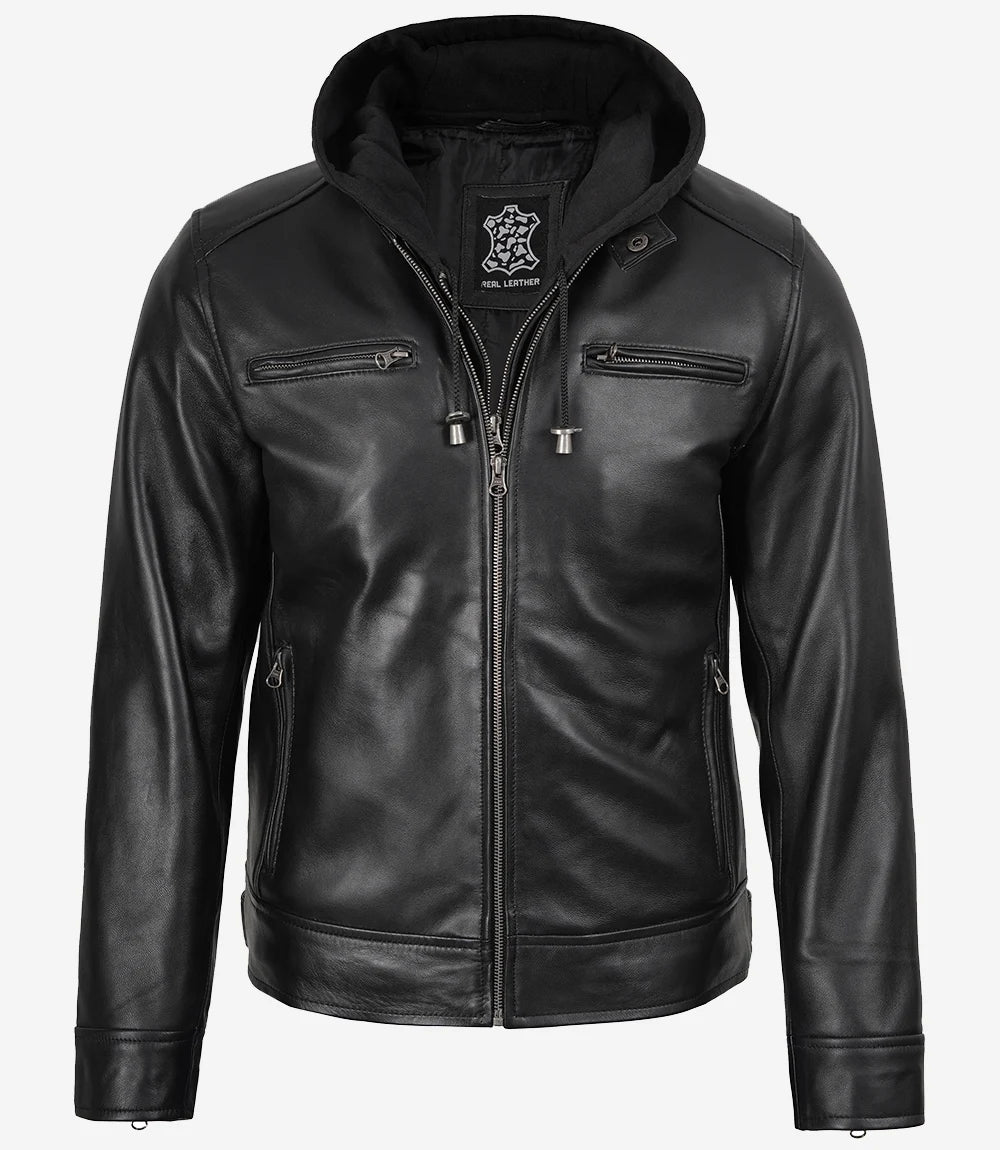 Schwarze Herren-Lederjacke mit abnehmbarer Kapuze