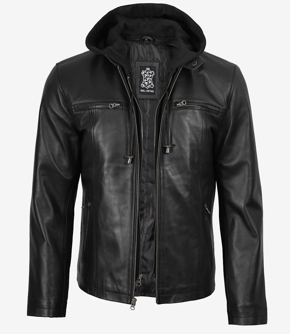 Schwarze Herren-Lederjacke mit abnehmbarer Kapuze