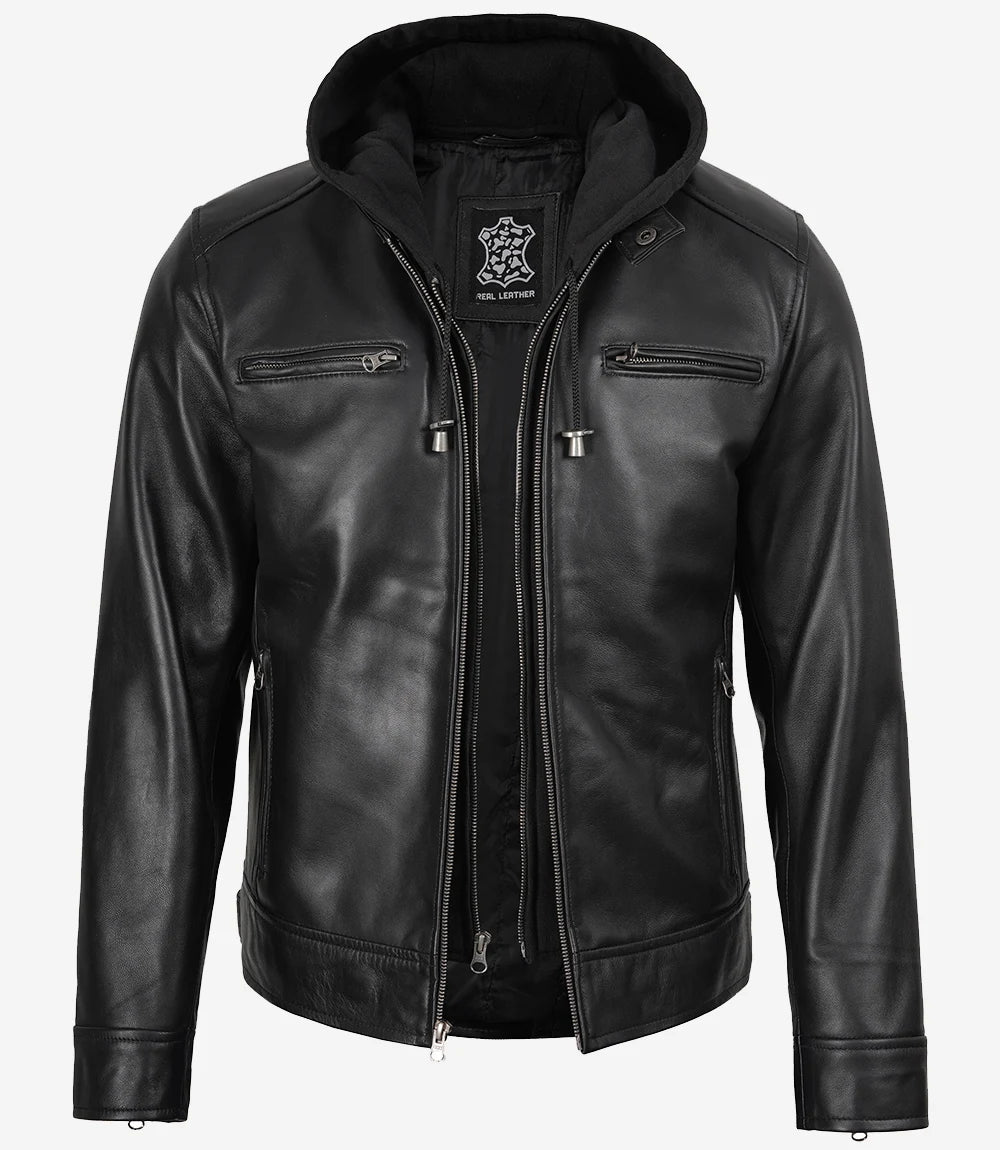 Schwarze Herren-Lederjacke mit abnehmbarer Kapuze
