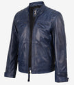 Blaue gewachste Lederjacke im Biker-Stil für Herren mit gesteppten Schultern
