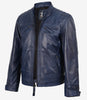 Blaue gewachste Lederjacke im Biker-Stil für Herren mit gesteppten Schultern