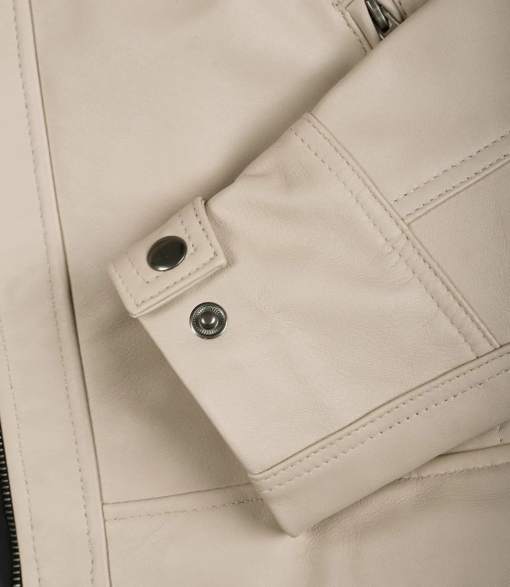 Beige Lederjacke im Biker-Stil für Herren – gesteppte Schulter