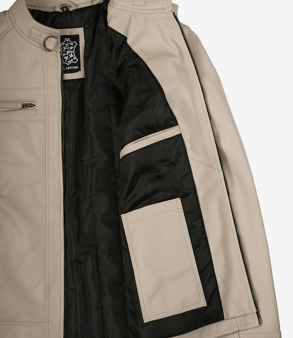 Beige Lederjacke im Biker-Stil für Herren – gesteppte Schulter