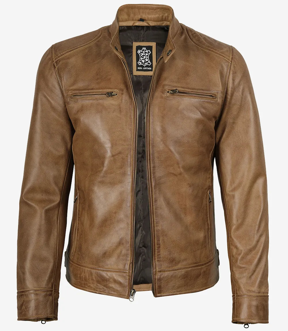 Herren Lederjacke im Biker-Stil, Kamelbraun