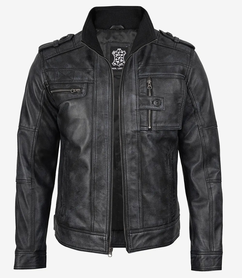 Klassische schwarze Lederjacke im Biker-Stil für Herren