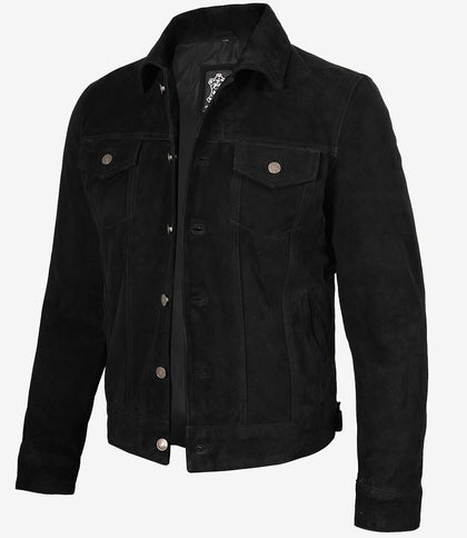 Klassische Trucker-Jacke aus schwarzem Wildleder für Herren