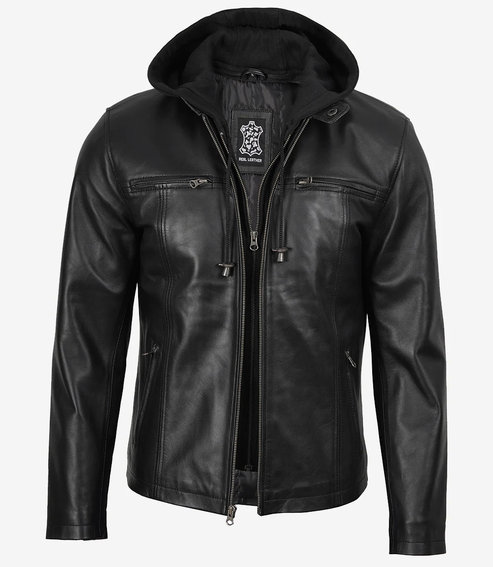 Schwarze Herren-Lederjacke mit abnehmbarer Kapuze