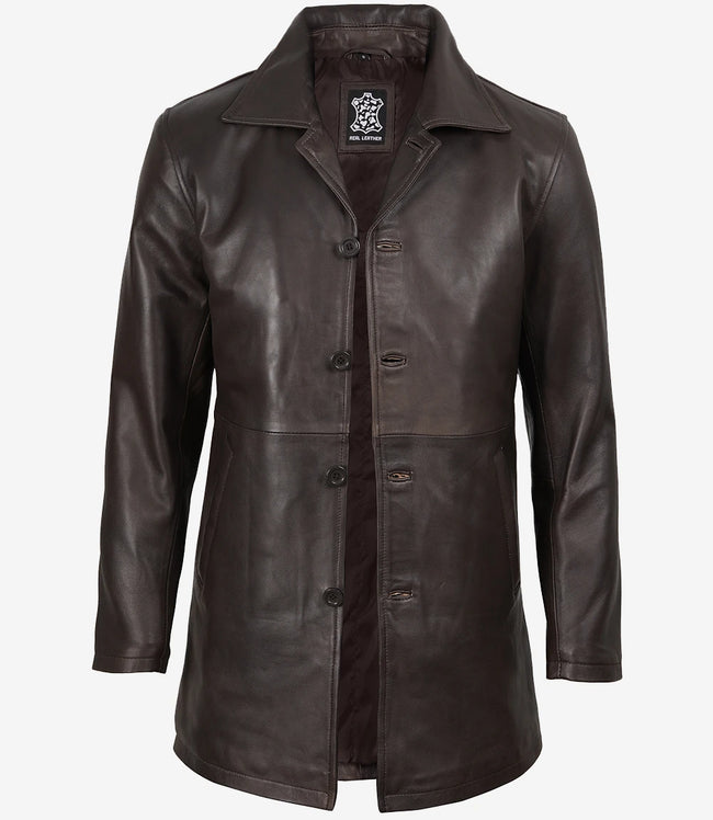 Brauner 3/4-Mantel aus echtem Leder für Herren im Used-Look