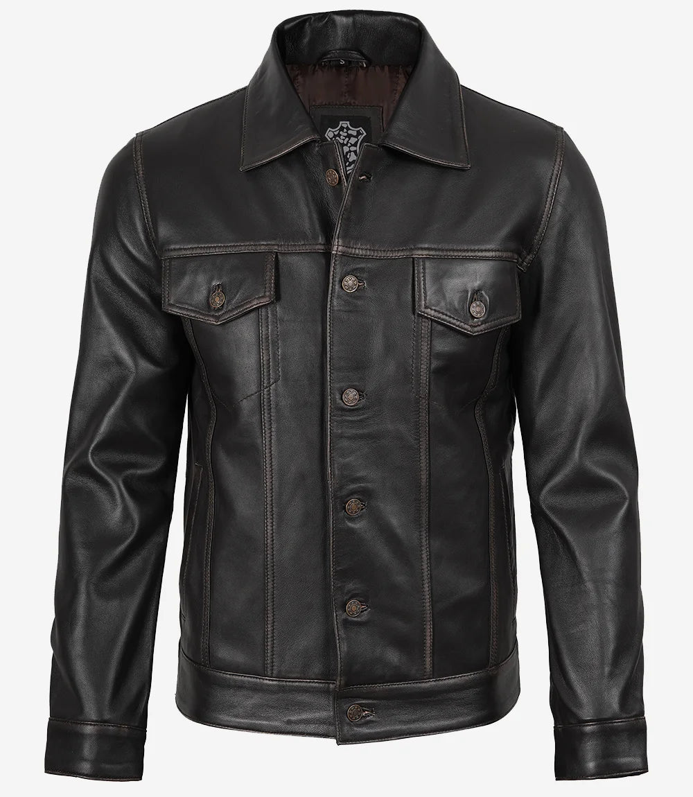 Braune Trucker-Lederjacke im Used-Look für Herren