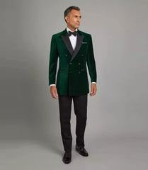 Mens Peak Lapel Double Breasted Green Velvet Tuxedo