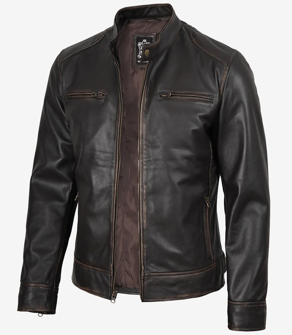 Braune Lederjacke im Used-Look für Herren im Biker-Stil