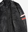 Schwarze Herrenjacke aus Lammleder im Biker-Stil – weiß und rot gestreift