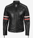 Schwarze Herrenjacke aus Lammleder im Biker-Stil – weiß und rot gestreift