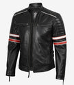 Schwarze Herrenjacke aus Lammleder im Biker-Stil – weiß und rot gestreift