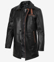 Men's Black Leather Coat With Brown Detailing