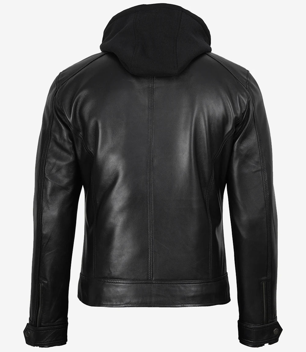 Schwarze Herren-Lederjacke mit abnehmbarem Hoodie