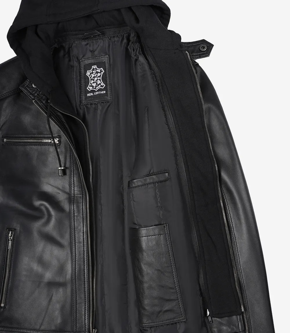 Schwarze Herren-Lederjacke mit abnehmbarem Hoodie