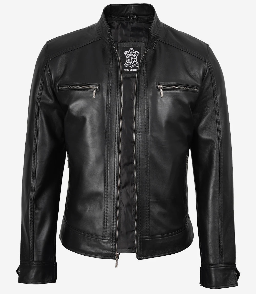 Schwarze Herren-Lederjacke mit abnehmbarem Hoodie