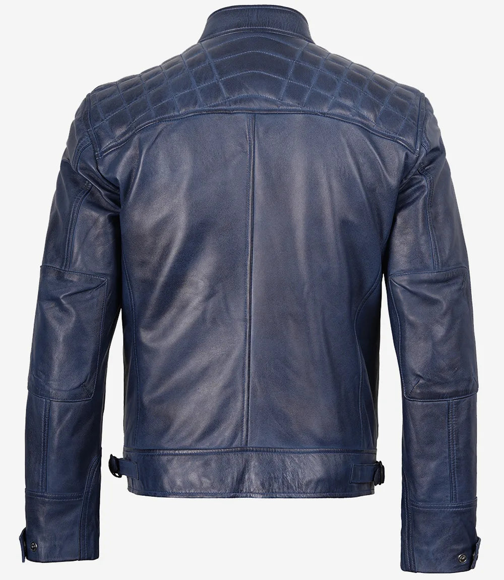 Blaue gewachste Lederjacke im Biker-Stil für Herren mit gesteppten Schultern