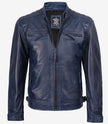 Blaue gewachste Lederjacke im Biker-Stil für Herren mit gesteppten Schultern