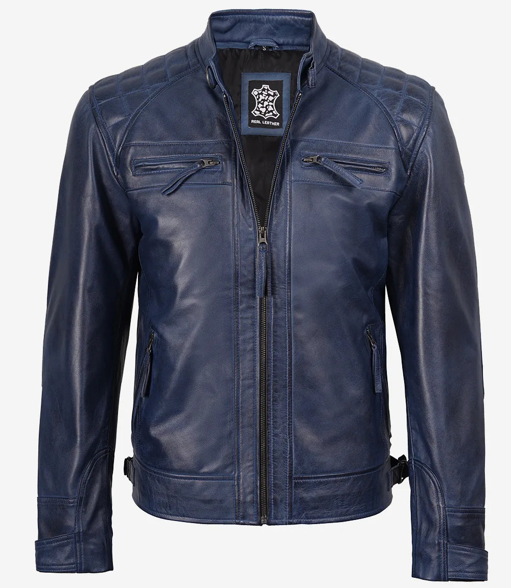 Blaue gewachste Lederjacke im Biker-Stil für Herren mit gesteppten Schultern