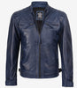 Blaue gewachste Lederjacke im Biker-Stil für Herren mit gesteppten Schultern