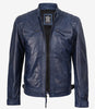 Blaue gewachste Lederjacke im Biker-Stil für Herren mit gesteppten Schultern