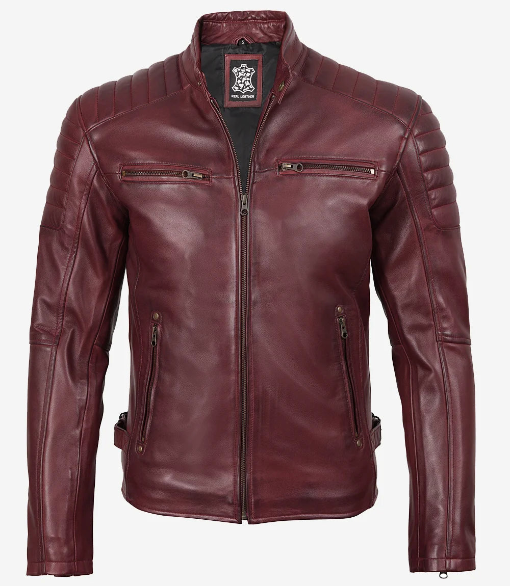 Burgunderrote Lederjacke im Biker-Stil für Herren