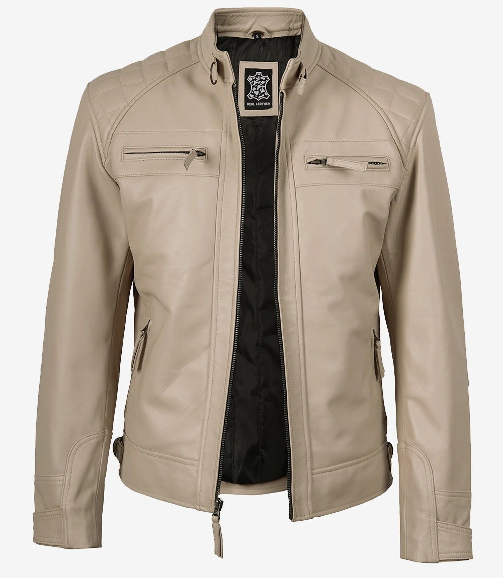 Beige Lederjacke im Biker-Stil für Herren – gesteppte Schulter