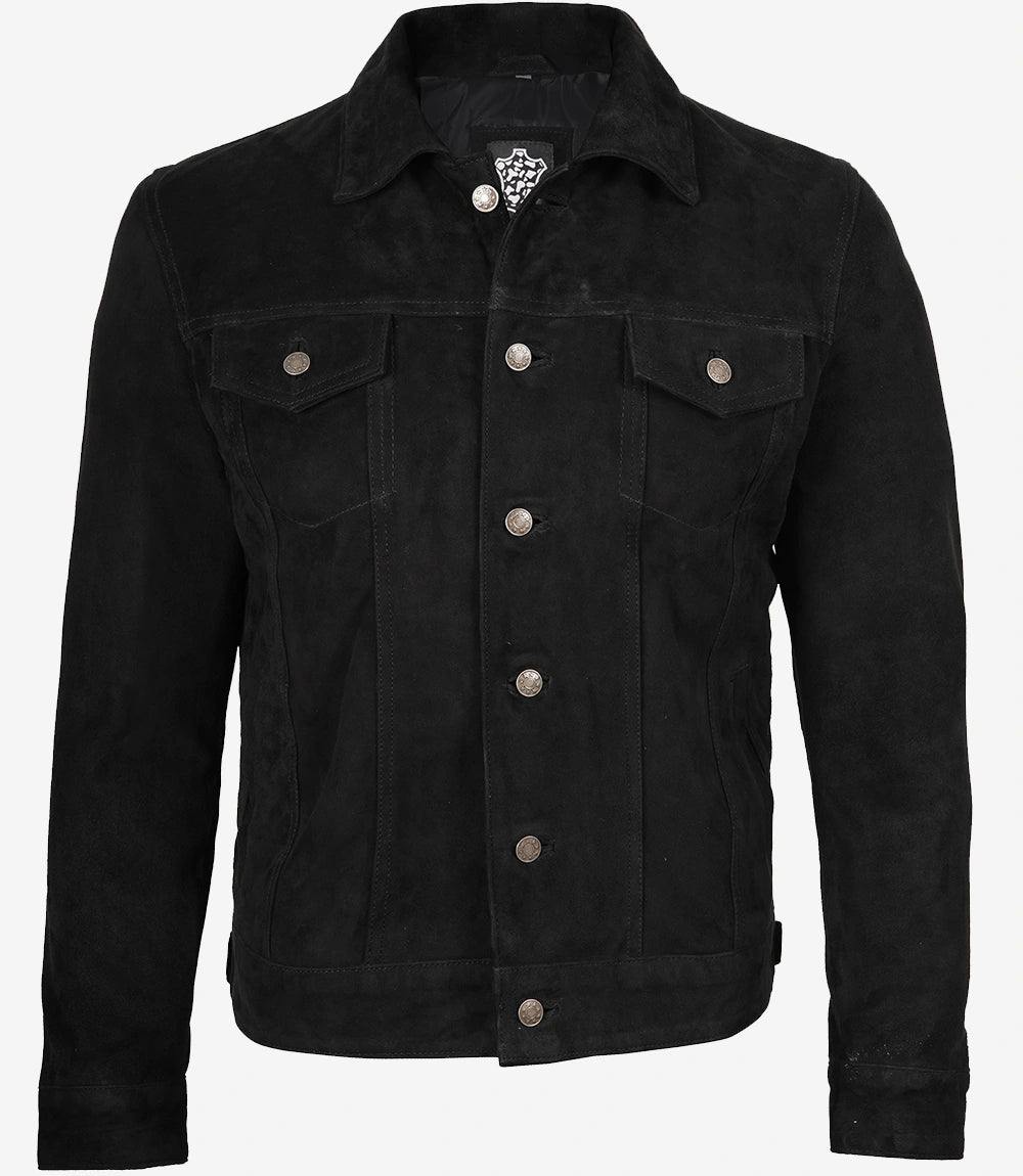 Klassische Trucker-Jacke aus schwarzem Wildleder für Herren