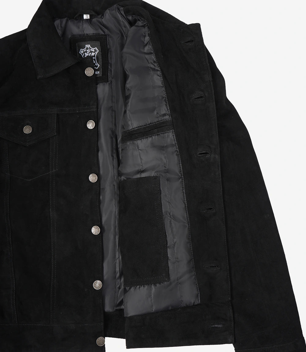 Klassische Trucker-Jacke aus schwarzem Wildleder für Herren