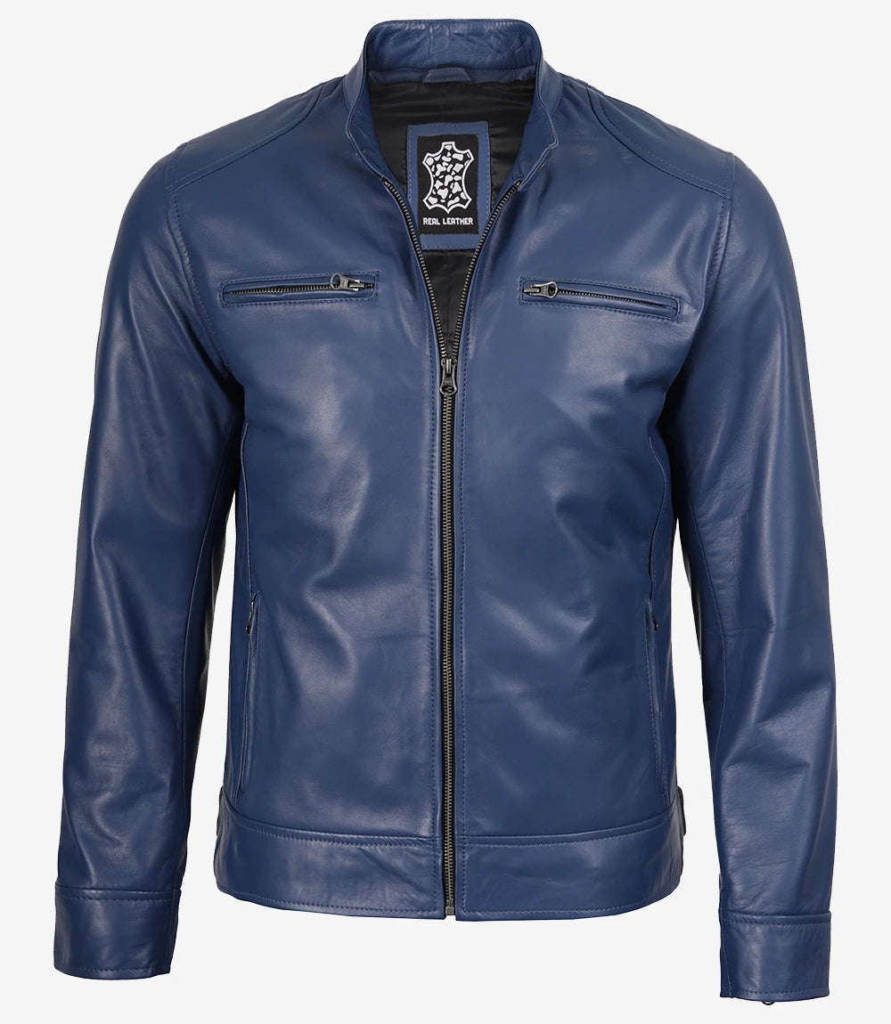 Klassische blaue Lederjacke im Biker-Stil für Herren