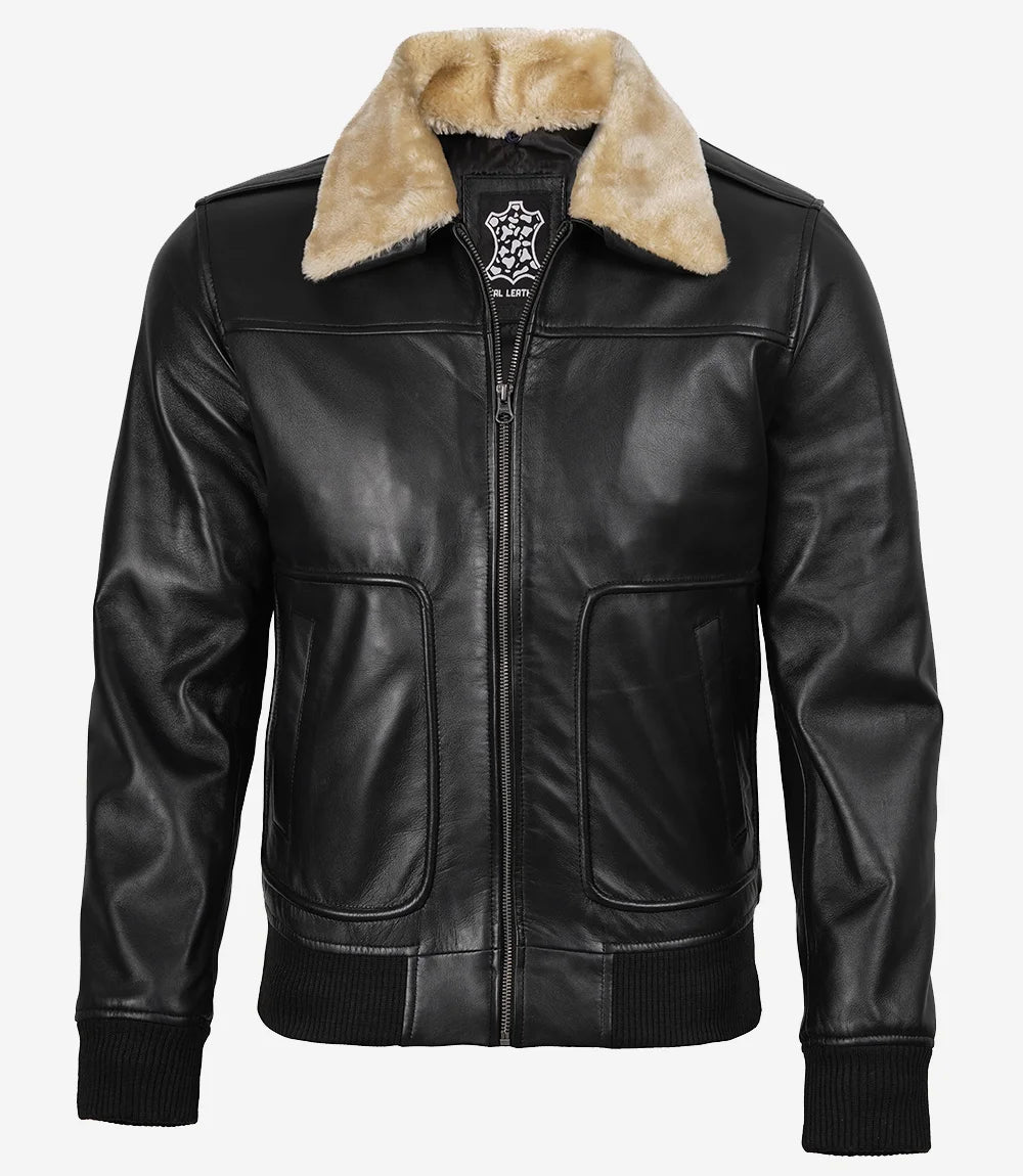 Schwarze Bomberjacke aus Leder mit Pelzkragen für Herren