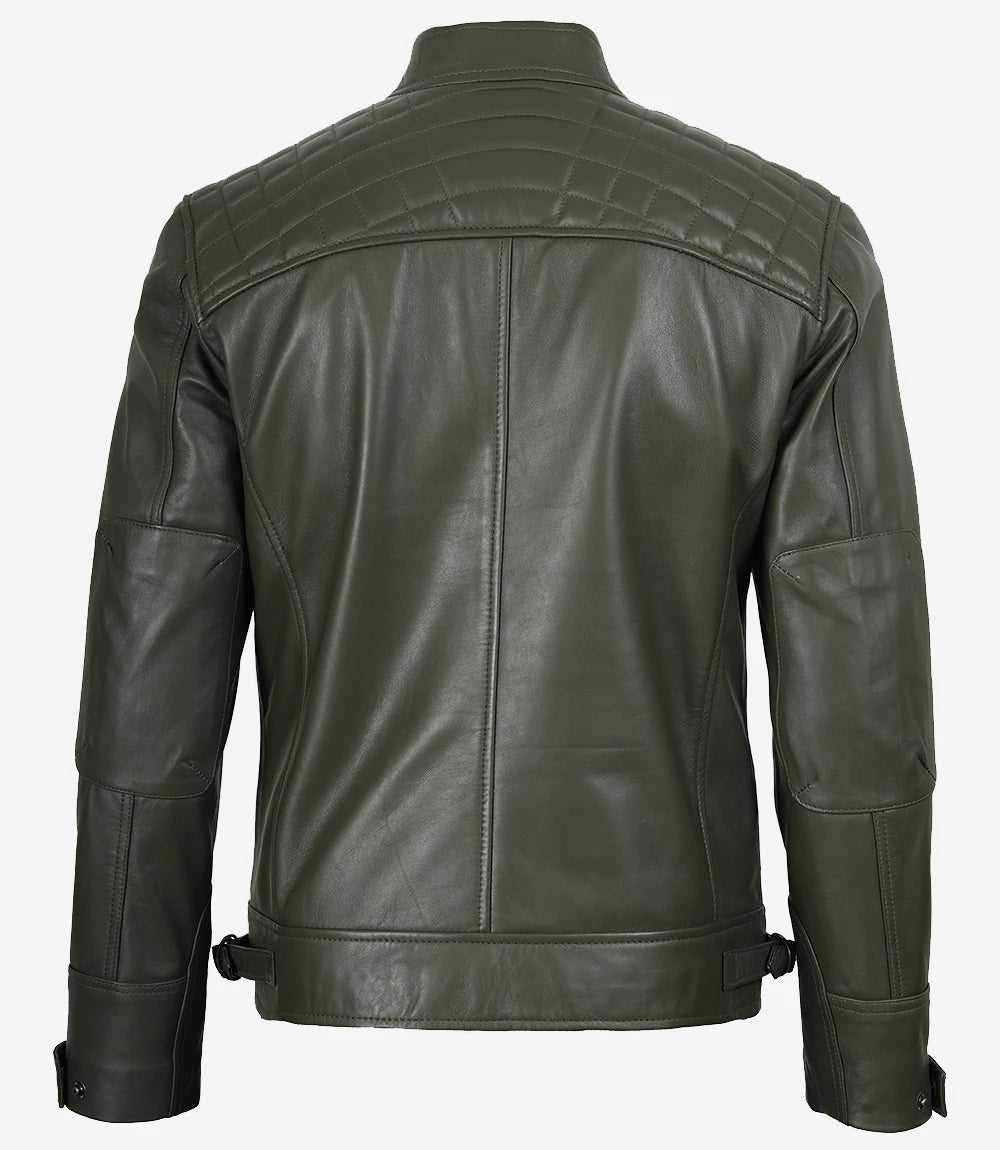 Herren Lederjacke im Biker-Stil mit gesteppter Schulterpartie, olivgrün