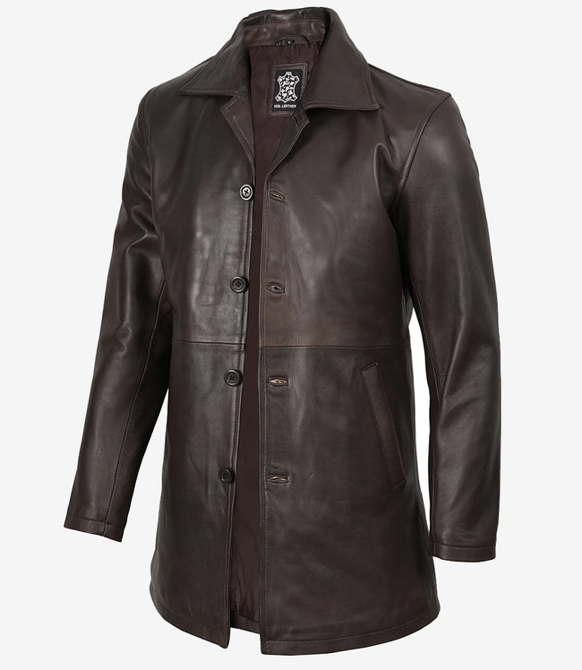 Brauner 3/4-Mantel aus echtem Leder für Herren im Used-Look