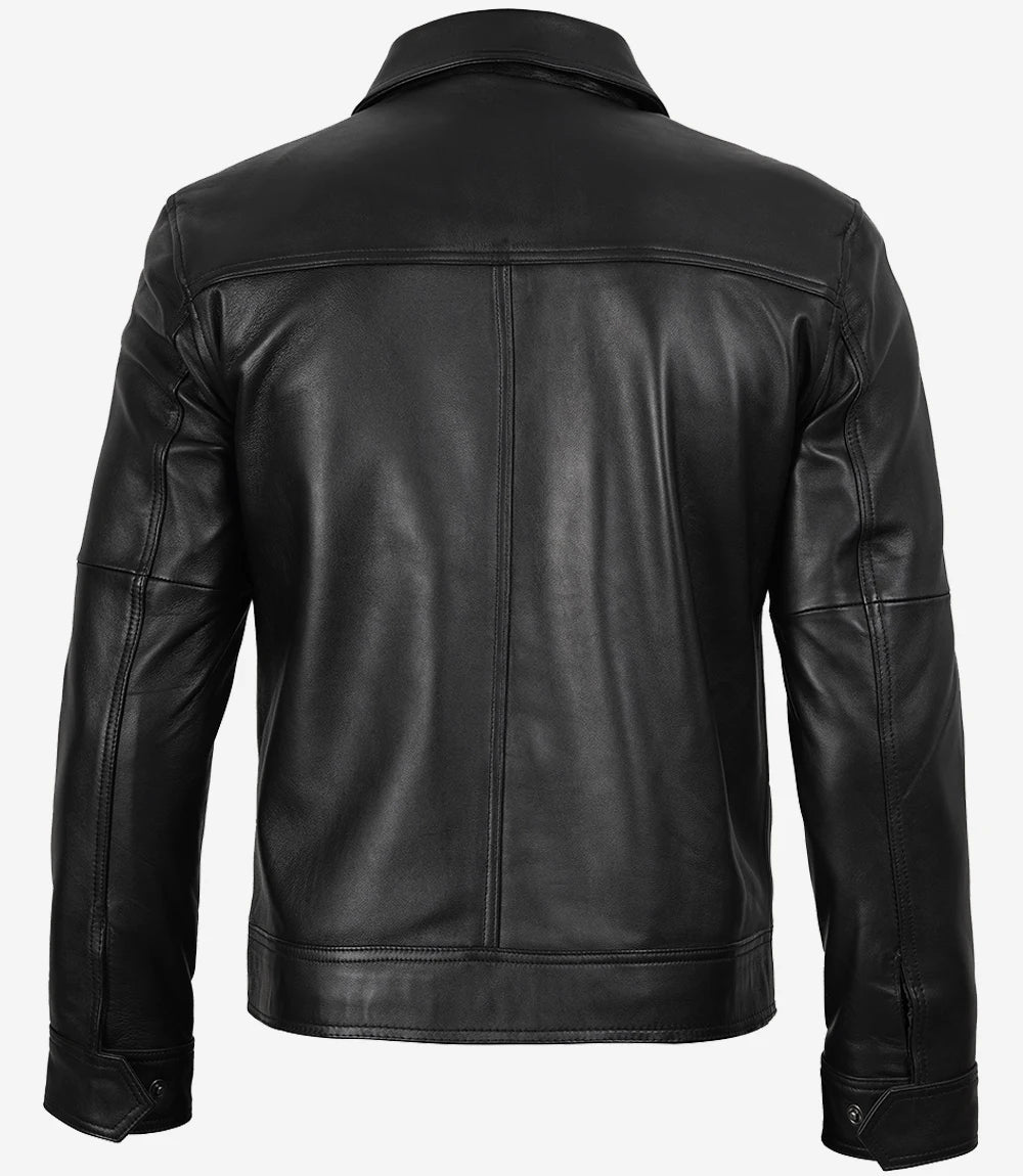 Klassische schwarze Lederjacke mit Hemdkragen für Herren
